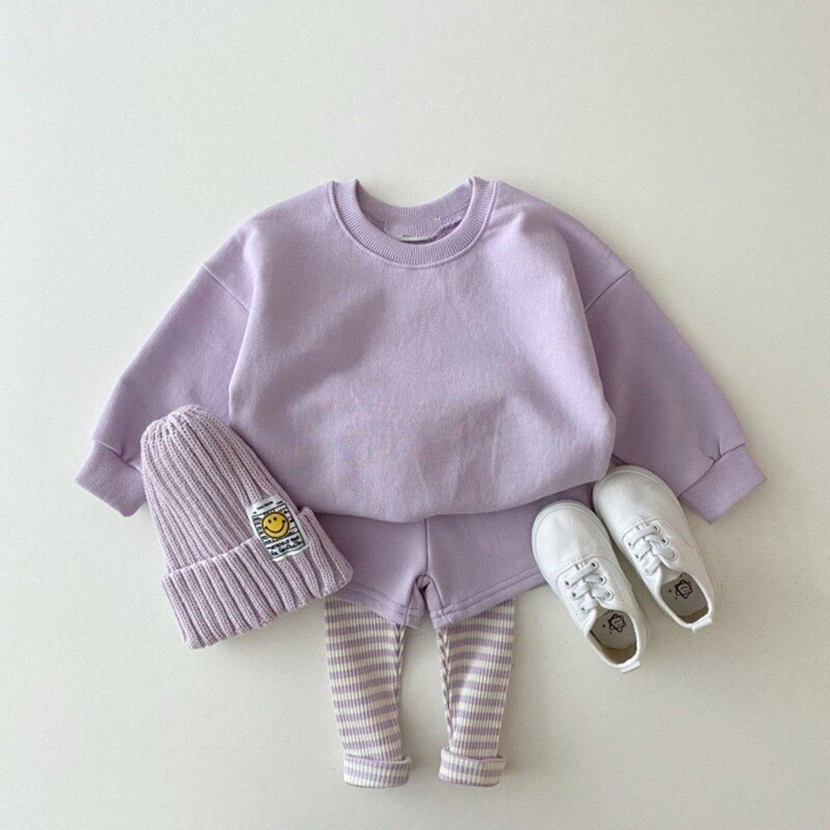 ベビー用スウェット・レギンスセット(ラベンダー)長袖、ボーダーのレギンス、ニット帽