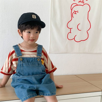 オーバーオール キッズ ボーダー 半袖 ルーズ Tシャツ デニム オーバーオール サスペンダー パンツ 5396C