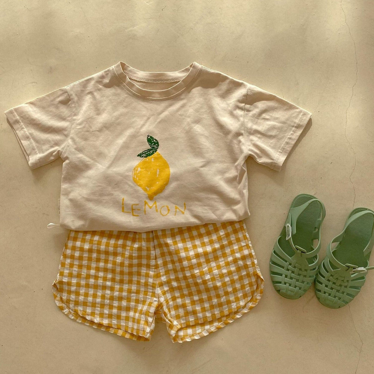 フルーツプリントTシャツ&チェック柄ショート(レモン柄、イエロー系)