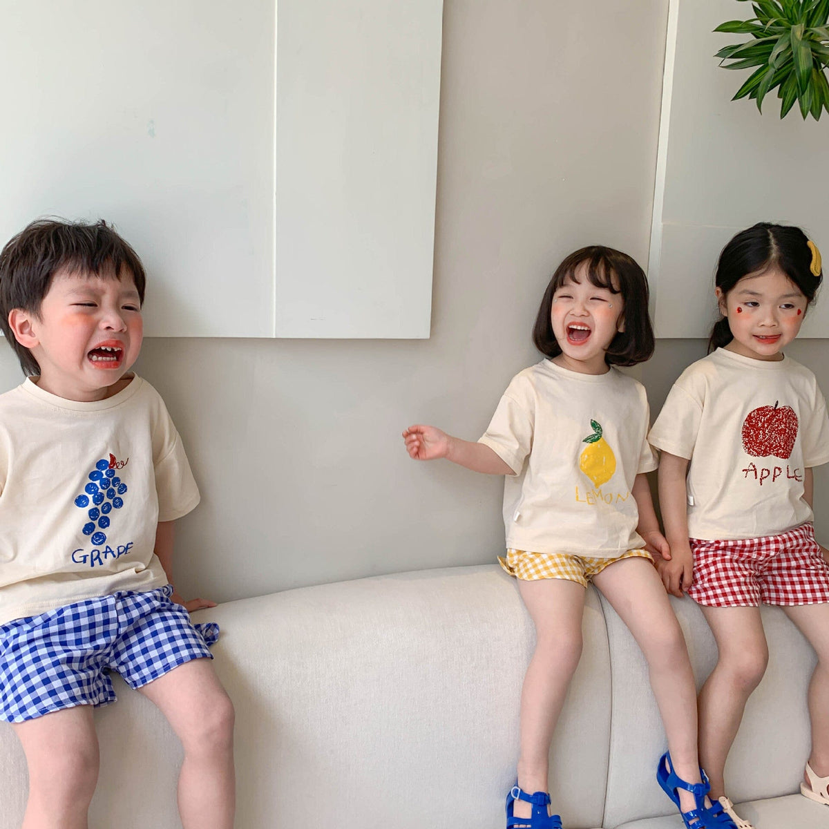 フルーツプリントTシャツ&チェック柄ショート(ぶどう/レモン/りんご)