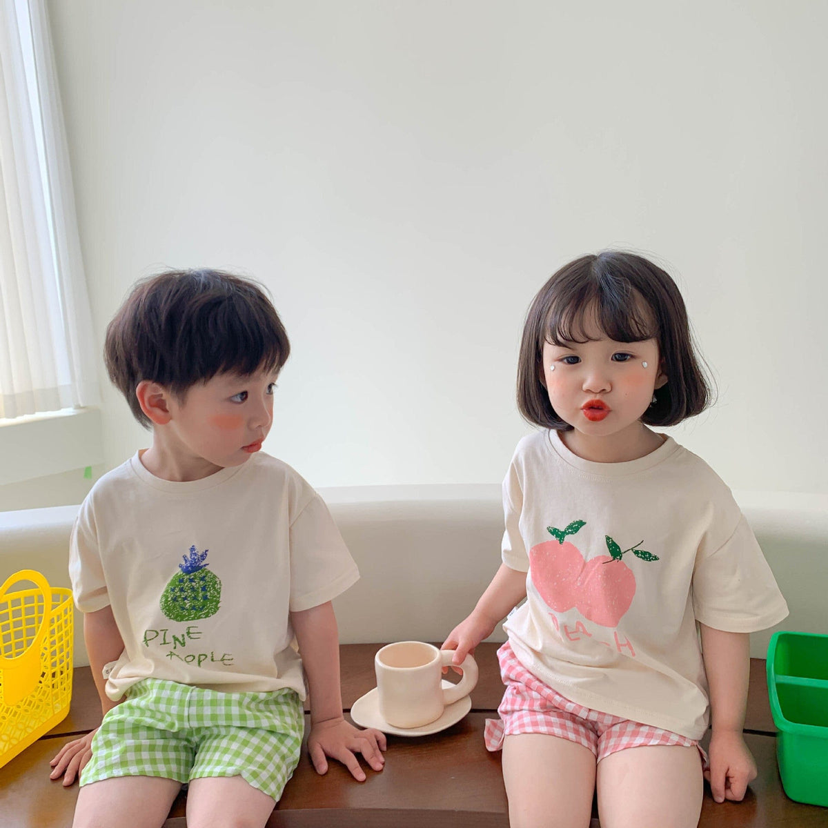 フルーツプリントTシャツ&チェック柄ショート(パイナップル/ピーチ)