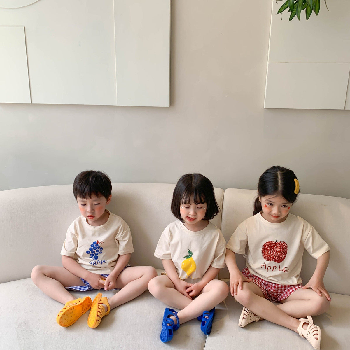 フルーツプリントTシャツ&チェック柄ショート(ぶどう/レモン/りんご)