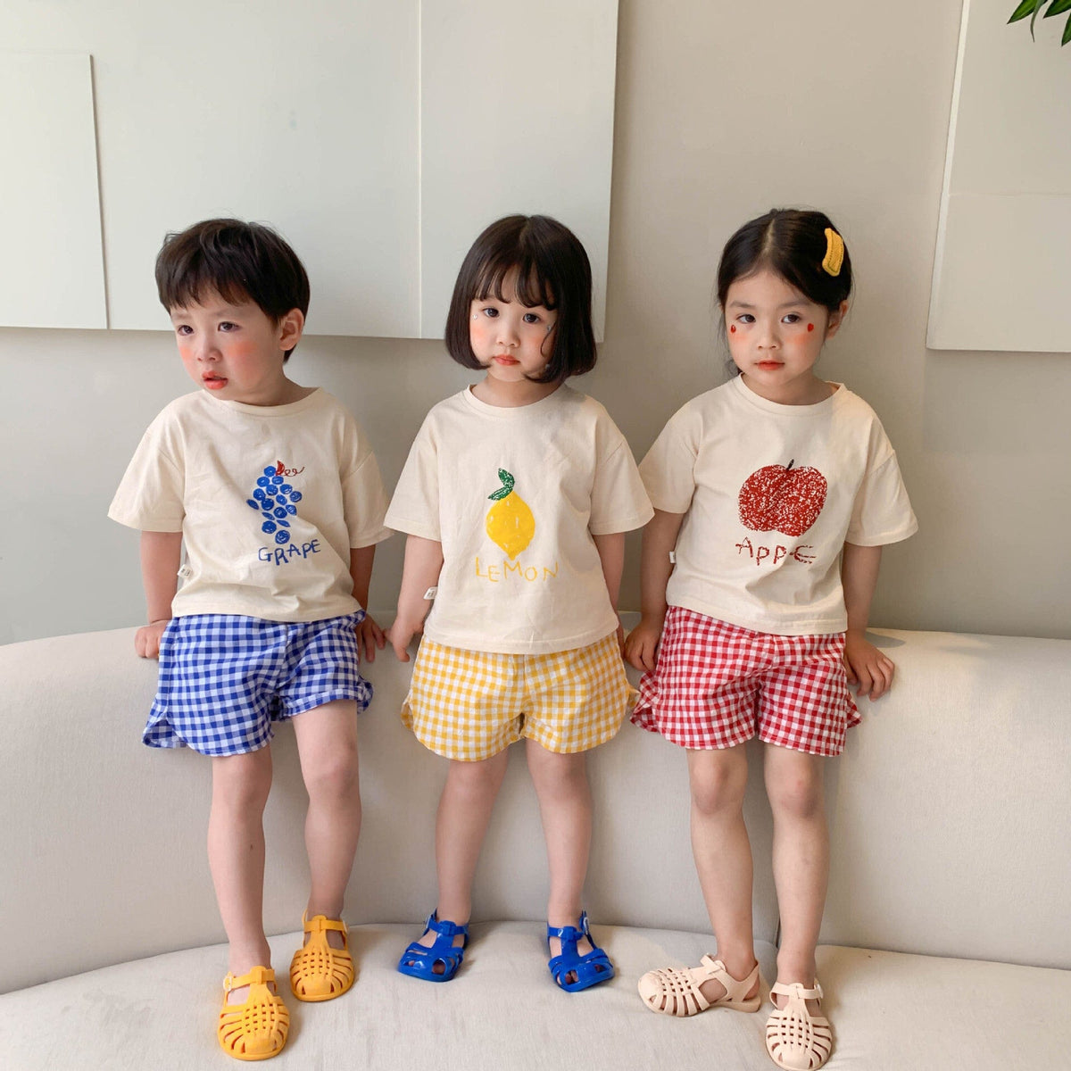 フルーツプリントTシャツ&チェック柄ショート(ぶどう/レモン/りんご)