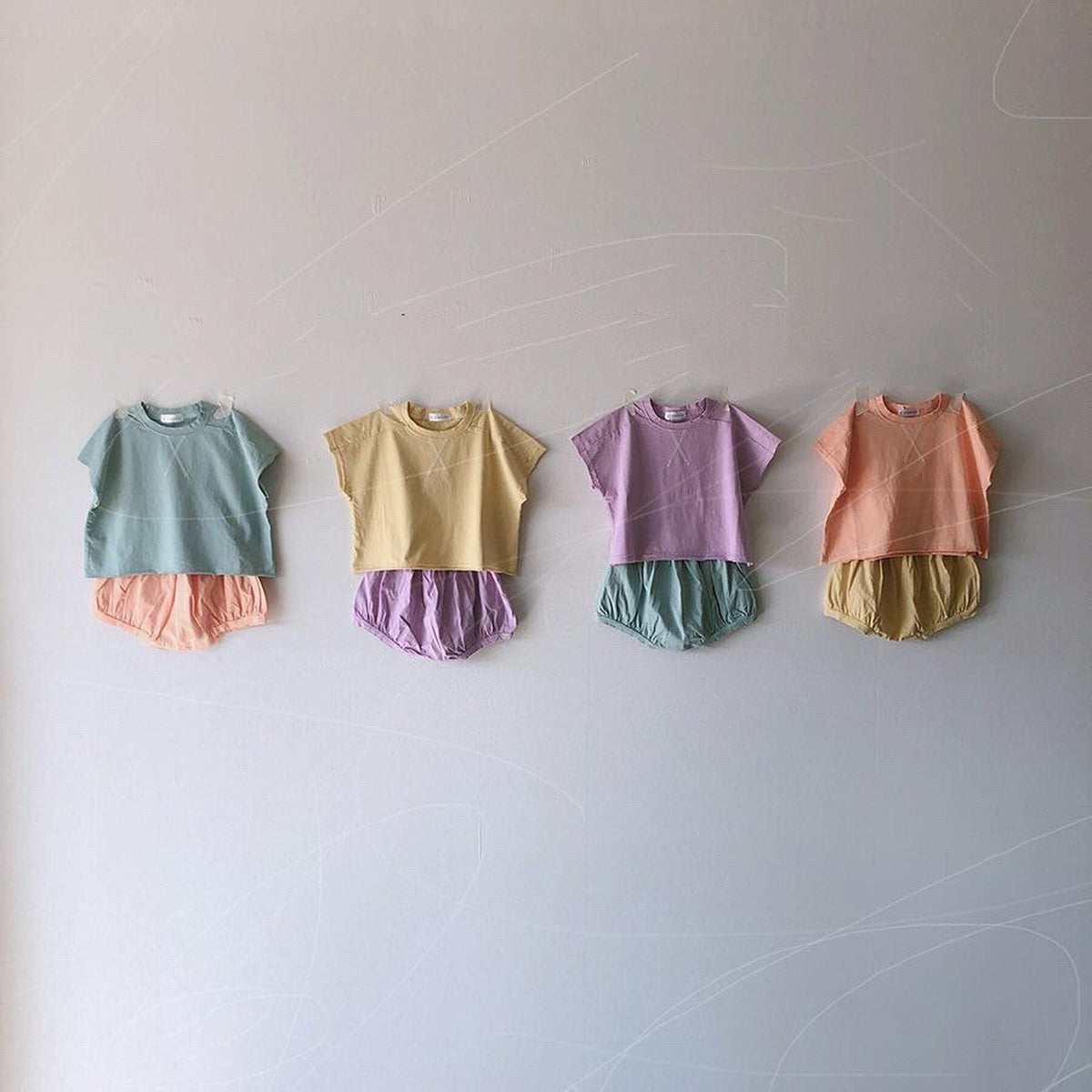 ベビー 半袖Tシャツ・ショートパンツセット 4色(ライトブルー、ベージュ、パープル、ピーチ)
