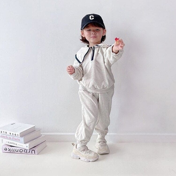長袖セットアップ White Gray / 9M 73cm / 取り寄せ(7〜35日) ベビー キッズ セットアップ バイピング ビッグカラー ハーフジップ トップス パンツ