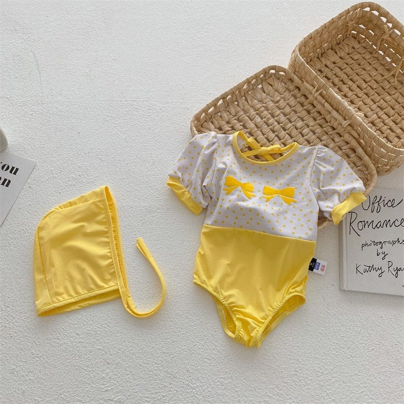 ベビー用水着 Yellow / 90cm キッズ 水着 ワンピース リボン チューリップ 帽子 セット スイムウェア【mh0001892】
