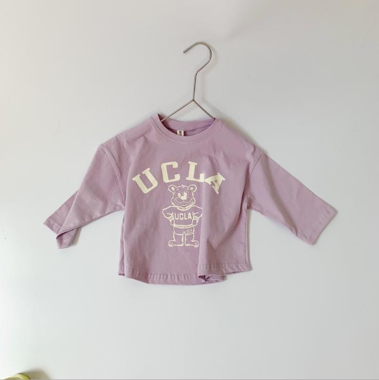 キッズ用長袖Tシャツ(パープル)UCLA風ロゴとくまプリント
