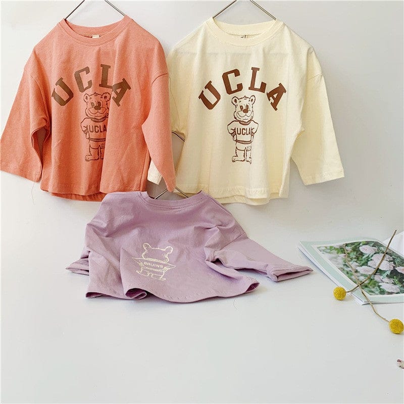 キッズ用長袖Tシャツ3枚セット(オレンジ・ベージュ・パープル)くまプリント
