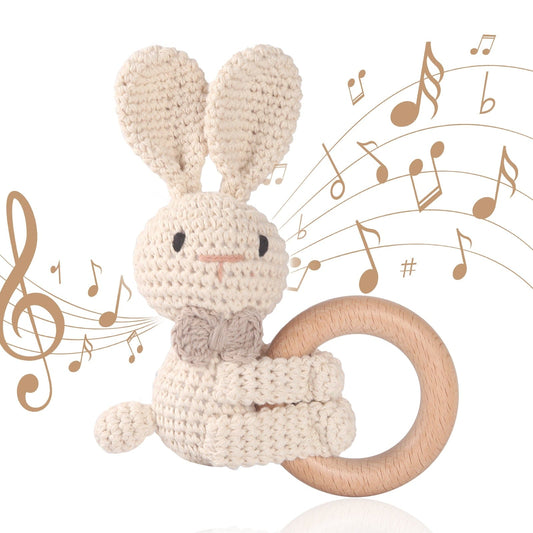 がらがら Needle hook rabbit 赤ちゃん おもちゃ クマ かぎ針編み 木製 リング ウサギ ラトル ガラガラ【mh0001069】