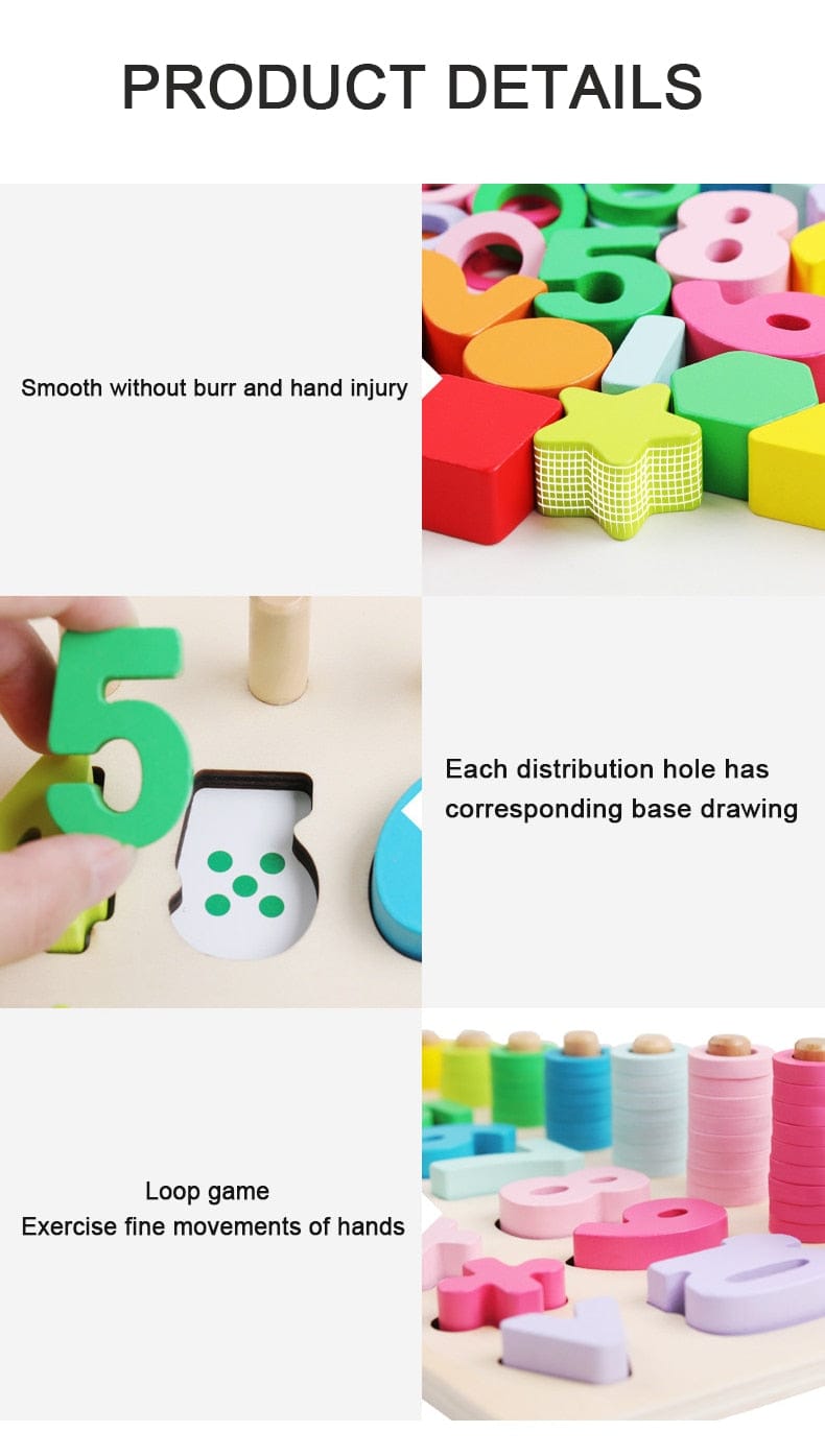 木製数字・図形パズルの製品詳細、手触りとはめ込み穴の説明