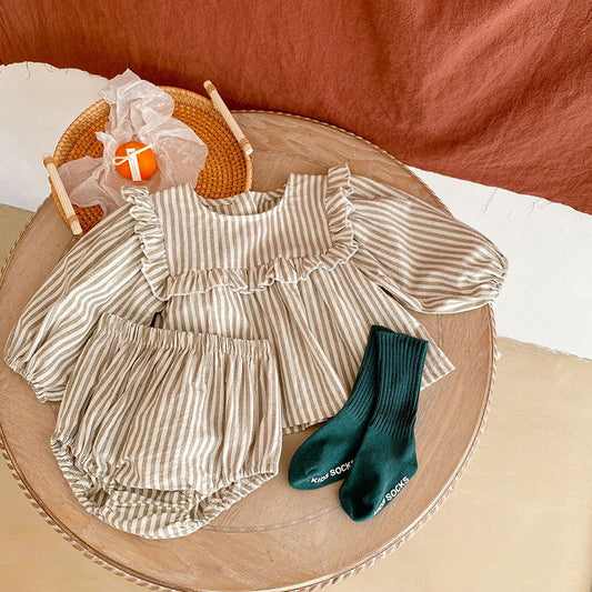 -ベビー セットアップ ストライプ フリル チュニック ブルマ【mh0000183】 - mamahalo shop - 長袖セットアップ - べビー服 - 子供服 - 男の子 - 女の子