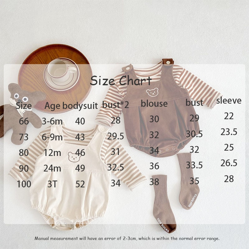 -ベビー セットアップ くま 刺繍 コーデュロイ ロンパース ボーダー Tシャツ【mh0000184】 - mamahalo shop - 長袖セットアップ - べビー服 - 子供服 - 男の子 - 女の子