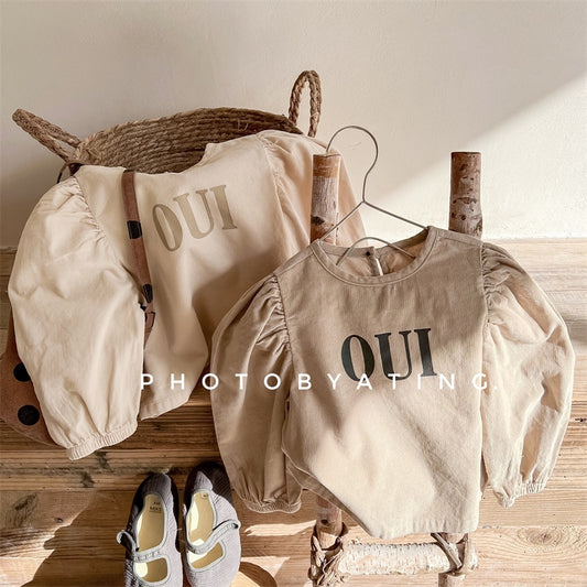 -キッズ コーデュロイ レター ロゴ パフスリーブ 長袖ブラウス トップス - mamahalo shop - 長袖シャツ・ブラウス - べビー服 - 子供服 - 男の子 - 女の子