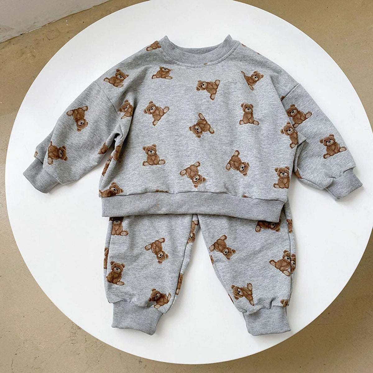 くま柄 長袖トレーナー&スウェットパンツセット(グレー)