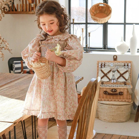 長袖ワンピース キッズ チェック フラワー 長袖 パフスリーブ ドレス ワンピース【mh0001542】