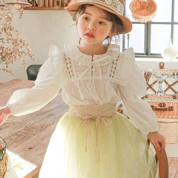 長袖シャツ・ブラウス White / 24M 90cm キッズ レース フリル 長袖 パフスリーブ ブラウス シャツ トップス【mh0001529】
