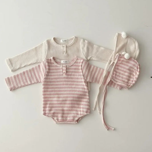 -ベビー長袖ロンパース ボンネットセット 帽子セット ピンクボーダー ホワイト無地 2カラー ユニセックス 男の子 女の子 子供服【mh0003316】 - mamahalo shop - 長袖ロンパース -  べビー服 - 子供服 - 男の子 - 女の子