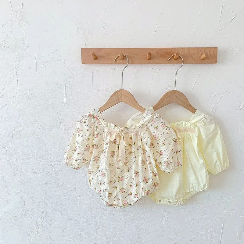-ベビー フラワー 無地 リボン 半袖 長袖 ロンパース - mamahalo shop - 半袖ロンパース -  べビー服 - 子供服 - 男の子 - 女の子