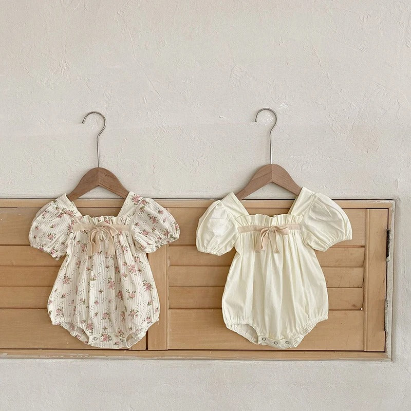 -ベビー フラワー 無地 リボン 半袖 長袖 ロンパース - mamahalo shop - 半袖ロンパース -  べビー服 - 子供服 - 男の子 - 女の子