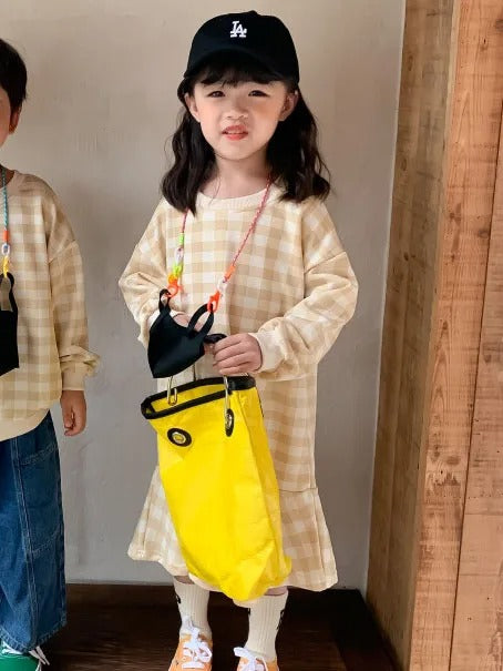 -キッズトップス ワンピース チェック 長袖Tシャツ 長袖フレアワンピース リンクコーデ 兄弟姉妹 お揃いコーデ ピンク/ベージュ/2カラー【mh0000062】 - mamahalo shop - 長袖ワンピース -  べビー服 - 子供服 - 男の子 - 女の子