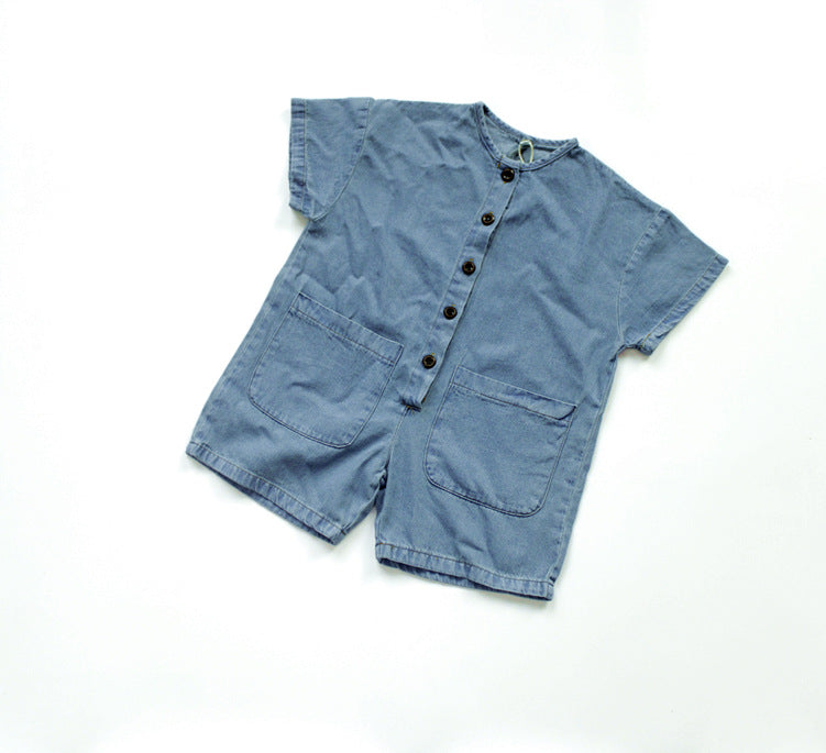 Kids' Denim Button Pocket Loose Short-Sleeve All-in-One [mh0000538]