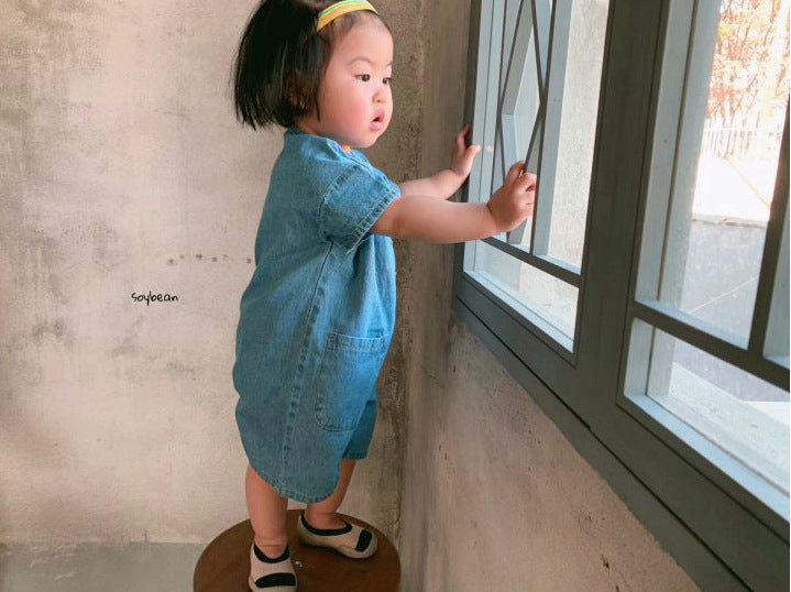 Kids' Denim Button Pocket Loose Short-Sleeve All-in-One [mh0000538]