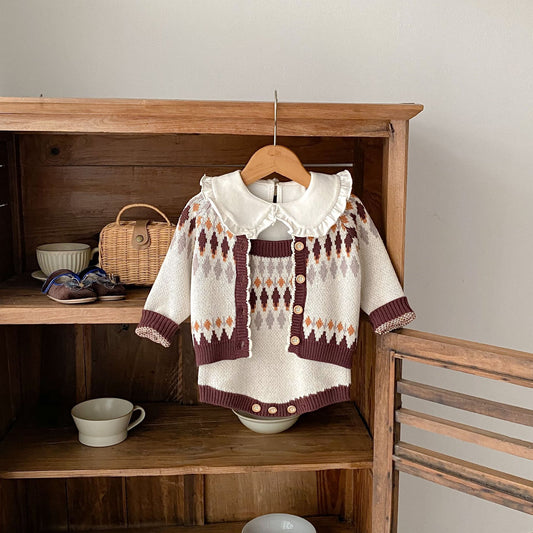 -ベビーカーディガン/ロンパース レトロ幾何学ニットジャケット/サスペンダーニットボディスーツ【mh0006984】 - mamahalo shop - ロンパースセットアップ -  べビー服 - 子供服 - 男の子 - 女の子