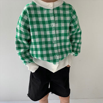 Gingham Check Crew Neck Long-Sleeve Cardigan