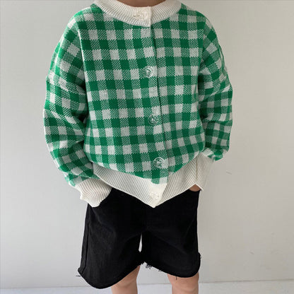 Gingham Check Knit Cardigan ギンガムチェック クルーネック 長袖カーディガン【mh0012699】