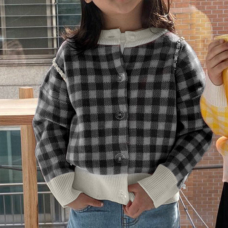 Gingham Check Knit Cardigan ギンガムチェック クルーネック 長袖カーディガン【mh0012699】