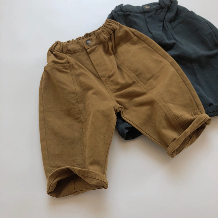 Pantalones fáciles de sarga para niños con botones delanteros y costuras en contraste【mh0013940】