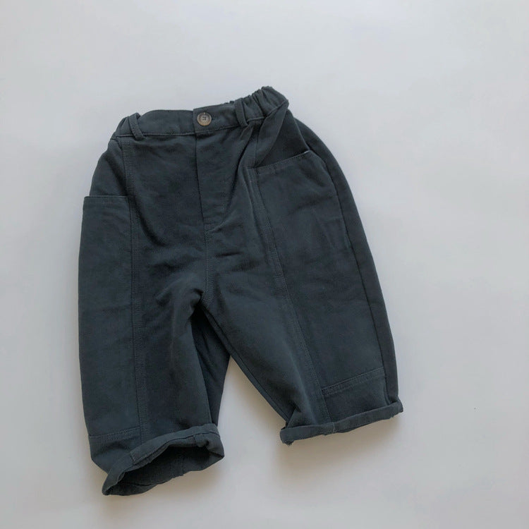 Pantalones fáciles de sarga para niños con botones delanteros y costuras en contraste【mh0013940】