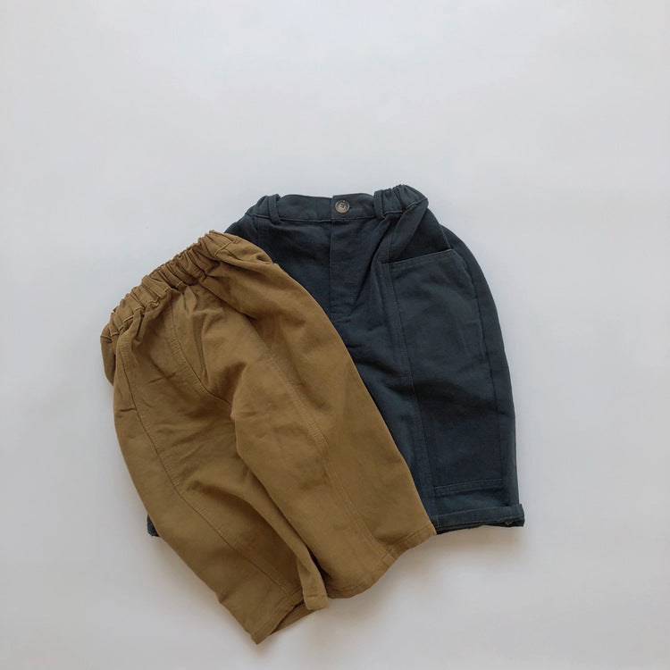 Pantalones fáciles de sarga para niños con botones delanteros y costuras en contraste【mh0013940】