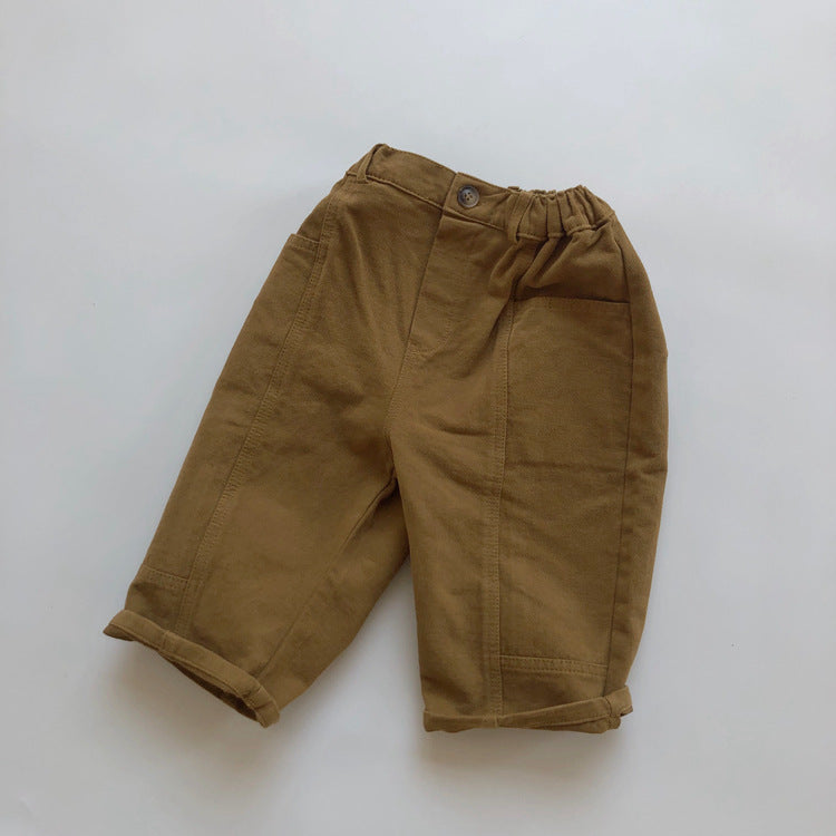 Pantalones fáciles de sarga para niños con botones delanteros y costuras en contraste【mh0013940】