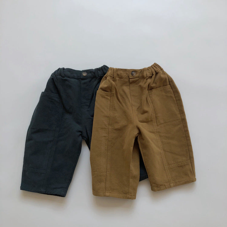 Pantalones fáciles de sarga para niños con botones delanteros y costuras en contraste【mh0013940】