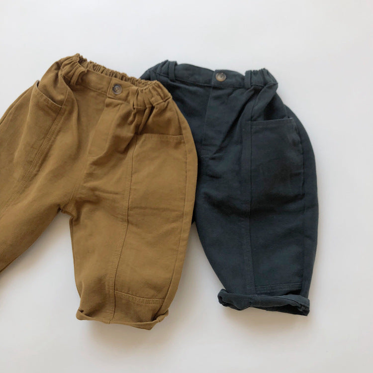 Pantalones fáciles de sarga para niños con botones delanteros y costuras en contraste【mh0013940】