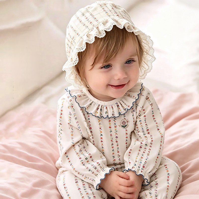 Bebé: pelele de manga larga con cuello de volantes y estampado de florecitas【mh0013962】