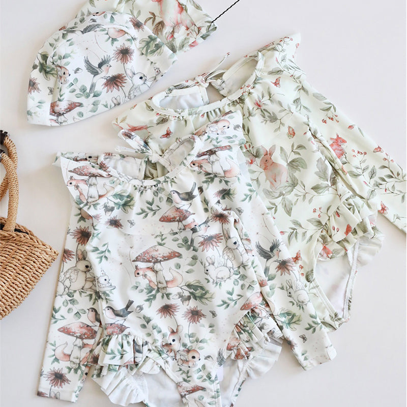 -キッズ水着 ガールズ 長袖ワンピース+帽子セット フリル ラビットうさぎプリント スイムウェア【mh0005985】 - mamahalo shop - ベビー用水着 -  べビー服 - 子供服 - 男の子 - 女の子