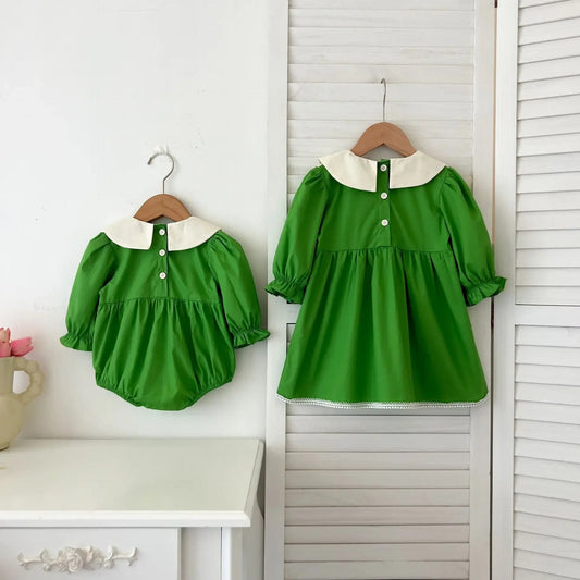 -ベビーロンパース/キッズワンピース フラワー刺繍丸襟長袖パフスリーブボディスーツ/ワンピース リンクコーデ 姉妹 お揃いコーデ - mamahalo shop - 長袖ロンパース -  べビー服 - 子供服 - 男の子 - 女の子