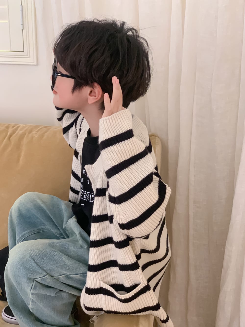 キッズカーディガン ニット ジップアップジャケット ボーダー柄 ブラック/グリーン/2カラー【mh0003993】 Black / 90cm KUMAI.KIDS カーディガン・パーカー