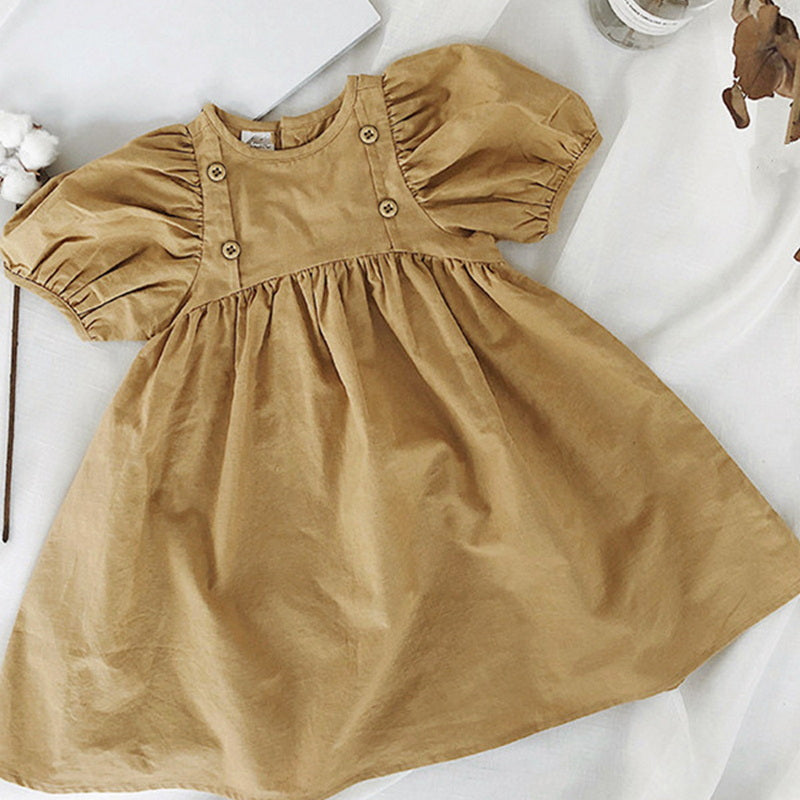 -キッズワンピース 半袖パフスリーブ フロントボタンアクセント カーキ【mh0006037】 - mamahalo shop - 半袖ワンピース -  べビー服 - 子供服 - 男の子 - 女の子