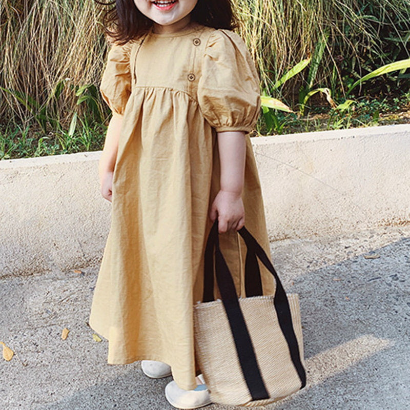 -キッズワンピース 半袖パフスリーブ フロントボタンアクセント カーキ【mh0006037】 - mamahalo shop - 半袖ワンピース -  べビー服 - 子供服 - 男の子 - 女の子