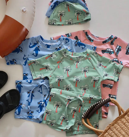 -キッズ水着 ボーイズ 半袖長袖 セパレートラッシュガード  スイムウェア スイミングウェア 帽子セット【mh0004294】 - mamahalo shop - ベビー用水着 -  べビー服 - 子供服 - 男の子 - 女の子