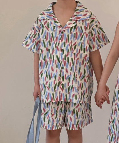 -キッズセットアップ 2点セット/ワンピース ボーイズ半袖シャツ+ショートパンツ/ガールズキャミワンピ カラフル リンクコーデ 兄弟姉妹 お揃いコーデ - mamahalo shop - 半袖セットアップ -  べビー服 - 子供服 - 男の子 - 女の子