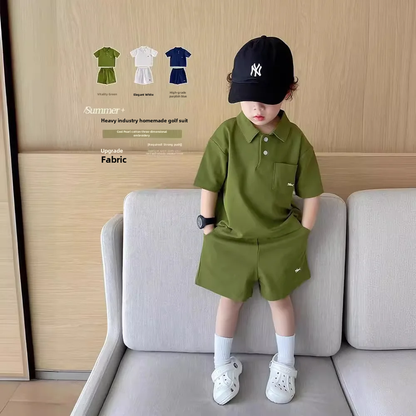 -キッズセットアップ 2点セット 半袖ポロシャツ+ショートパンツ ワンポイント刺繍 3カラー【mh0006033】 - mamahalo shop - 半袖セットアップ -  べビー服 - 子供服 - 男の子 - 女の子