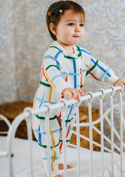 長袖ロンパース コットンニット カラフルチェック柄 ジップアップ カバーオール【mh0011649】