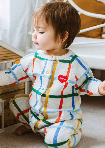 長袖ロンパース コットンニット カラフルチェック柄 ジップアップ カバーオール【mh0011649】