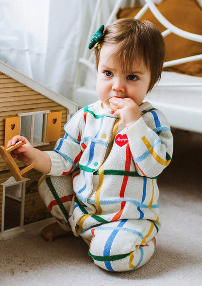 長袖ロンパース コットンニット カラフルチェック柄 ジップアップ カバーオール【mh0011649】