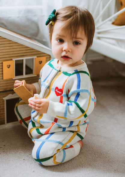 長袖ロンパース コットンニット カラフルチェック柄 ジップアップ カバーオール【mh0011649】