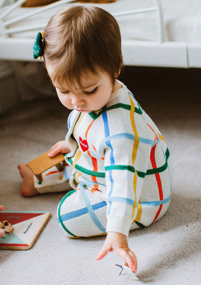 長袖ロンパース コットンニット カラフルチェック柄 ジップアップ カバーオール【mh0011649】